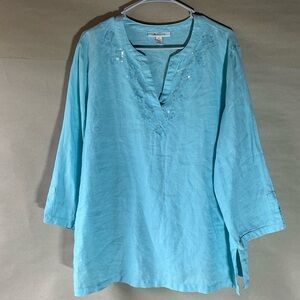 JM Collection tunic top. 100% linen. Blue. Size 16